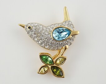 Vintage Swarovski Wren Pin on Flower, Spring Bird, Songbird Jewelry, Wedding Gift, Garden Party