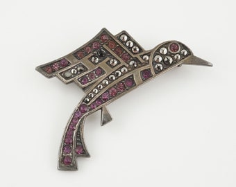 Art Deco Czech Hummingbird Pin,  Purple and Faux Marcasite Rhinestones, Antique Bird Jewelry, Geometric Design