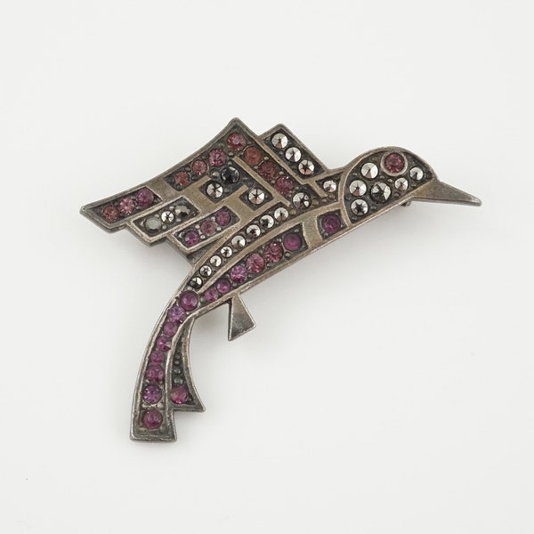 Art Deco Czech Hummingbird Pin,  Purple and Faux Marcasite Rhinestones, Antique Bird Jewelry, Geometric Design