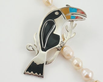 Vintage Sterling and Stone Toucan Brooch, Made in Mexico, Tropical Bird Pin, Animal Jewelry, Parrot Lover Gift