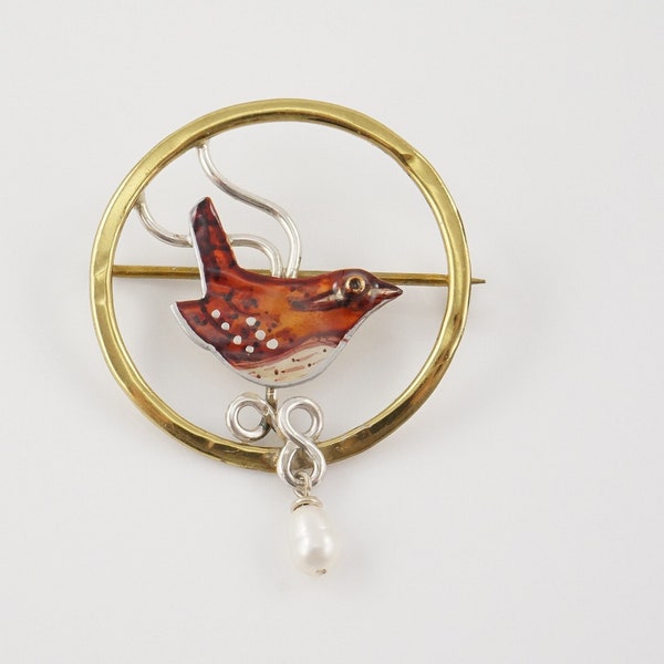 Hand Painted Wren Brooch with Fresh Water Pearl, Sterling Silver and Jeweler's Brass, Hand Made, Garden Bird, Fall Colors