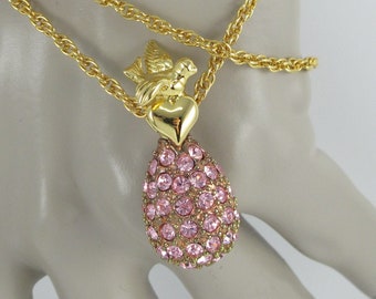 Joan Rivers Dove and Heart Necklace, Egg Shape, Pink Rhinestones, Long Necklace, Bird Jewelry, Animal, Mother's Day