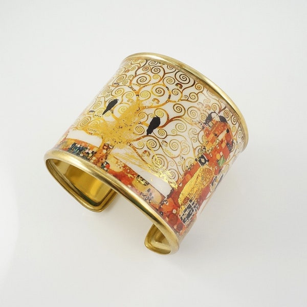 Vintage Gustav Klimt Design Cuff Bracelet with Woman and Ravens, Crow Lover, Blackbird Jewelry
