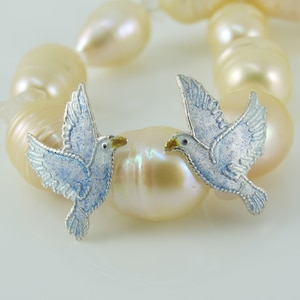 Sterling Cloisonne Dove Post Earrings, Studs, Bird of Peace, Christmas Jewelry, Easter, Enamel