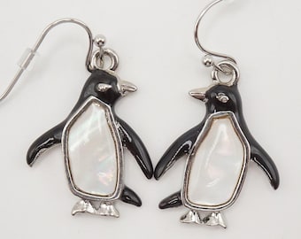 Penguin Earrings with Mother of Pearl Bellies, Christmas Jewelry, Arctic Bird, Winter