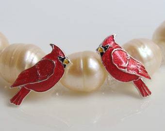 Silver Plate Cardinal Stud Earrings, Red Bird Earrings, Cardinal Gift, Christmas Bird