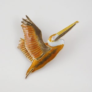 Sterling and Cloisonne Brown Pelican Pin, Enamel Pelican Brooch, Shorebird, Louisiana, Florida