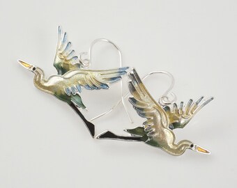 Flying Heron Silver Plate Earrings, Cloisonne Enamel, Egret Jewelry, Bird Lover Gift