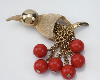 Stylized Cha Cha Bird Brooch with Hanging Beads, Old Hollywood, MCM, Unusual Bird Pin