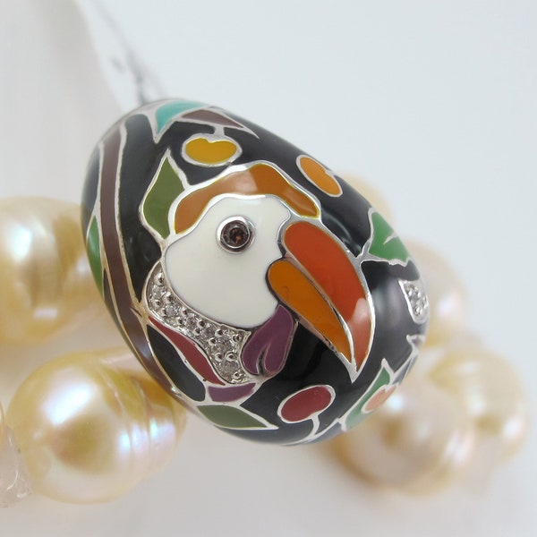 Belle Etoile, Love Toucan Ring, Sterling Silver, Italian Enamel, Rhinestones, Couture, Designer, Tropical Bird