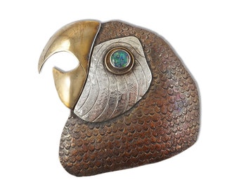 Large Courtney Macaw Parrot Brooch and Pendant, Copper Silver Brass, Opal Eye, Parrot Lover Gift
