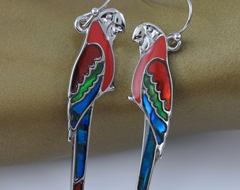 Greenwing Macaw Parrot Dangle Earrings, Inlaid Shell, Made in Australia, Summer Jewelry, Tropical Vacation, Animal Earrings