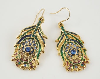 MMA Peacock Feather Dangle Earrings with Austrian Crystals, 18kt. Gold Overlay, Garden Party, Peacock Lover Gift
