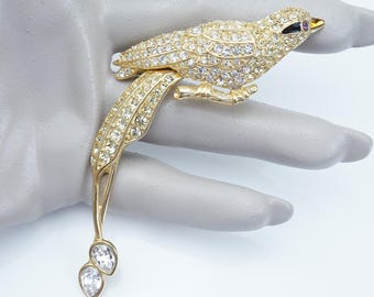 May include: A gold bird brooch, adorned with clear crystals, has a long, curved tail with two teardrop-shaped crystals. The bird has a purple eye and is perched on a branch. A vintage-style jewellery piece.