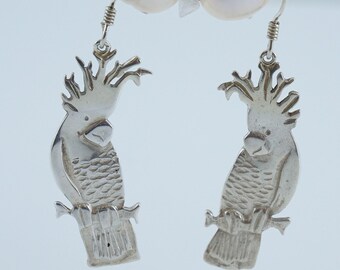 Sterling Artisan Cockatoo Parrot Dangle Earrings, Cockatiel Jewelry, Great Detail