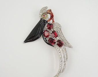 Large Art Deco Pelican Brooch, Clear and Red Rhinestones, Vintage Bird Jewelry, Pelican Lover Gift