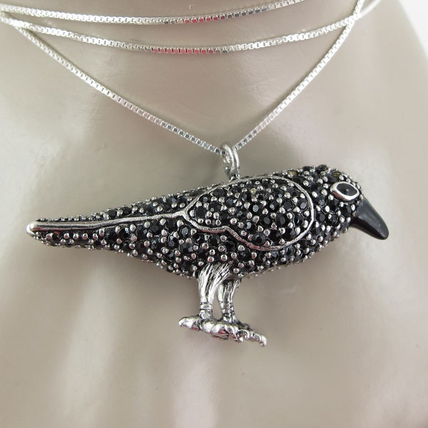 Sterling Raven Rhinestone Necklace, Crow Lover, Halloween Jewelry, Corvid Gift, Bird Jewelry