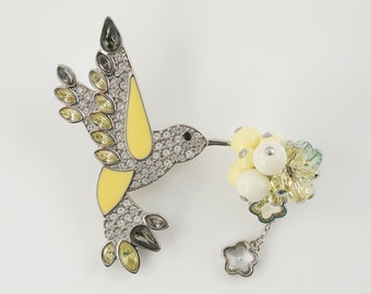 Genuine Swarovski Hummingbird Brooch with Bouquet, Dangling Stones, Original Box, Garden Bird, Spring Jewelry, Mother's Day Gift