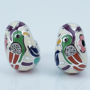 Belle Etoile Sterling and Enamel Perroquet Earrings, Parrot Lover Gift, Tropical Bird, Designer Jewelry