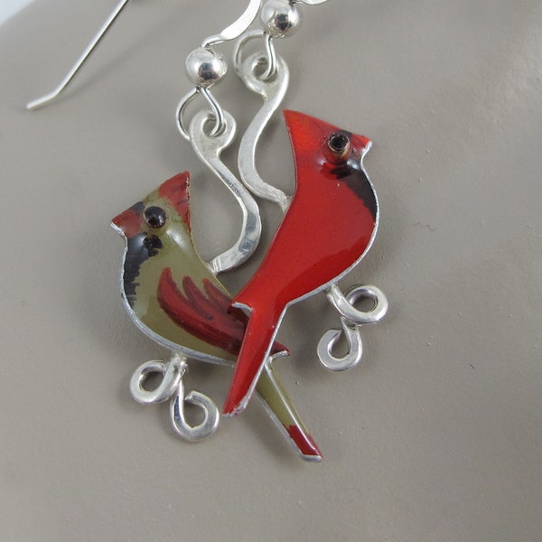 Male and Female Cardinal Earrings, Made of Sterling and Brass, Songbird Jewelry, Animal Lover, Bird Watcher Gift