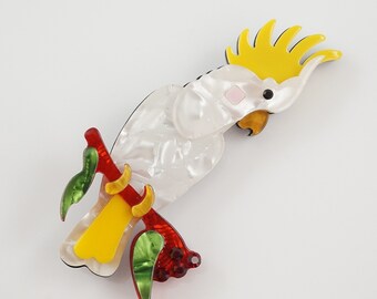 Sulphur-crested Cockatoo Brooch, Parrot Pin, Made of Acrylic, Tropical Bird Jewelry, Cockatiel Lover Gift