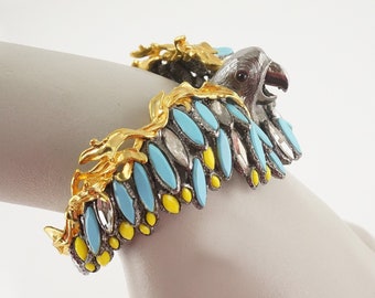 Alexis Bittar Parrot Cuff, Gunmetal and Gold,  Turquoise and Yellow Rhinestones, Parrot Bracelet, Steampunk Bird