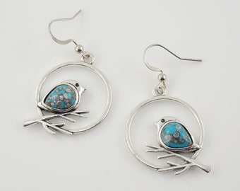 Bird in Hoop Dangle Earrings, Glass Faux Turquoise Bellies, Summer Jewelry, Bird Lover Gift