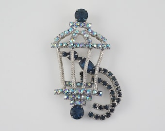 Vintage Czech Bird in Cage Brooch, AB Stones, Love Blue, Parrot in Cage, Holiday Jewelry, Old Hollywood