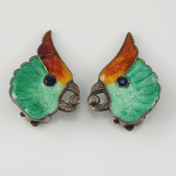 Sterling and Enamel Art Deco Cockatoo Clip-On Earrings, Antique Parrot Jewelry, Vintage Bird, AS IS