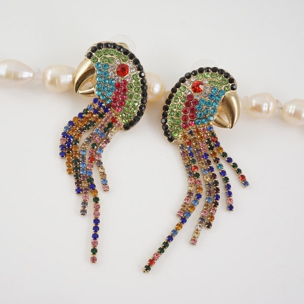 Betsey Johnson Parrot Dangle Earrings, Long, Colorful Rhinestones, Parrot Lover Gift, Rainbow Colors, Vacation Jewelry
