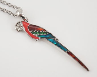 Greenwing Macaw Necklace with Inlaid Shell, Parrot Jewelry, Red Bird, Handmade in Australia, Long and Thin