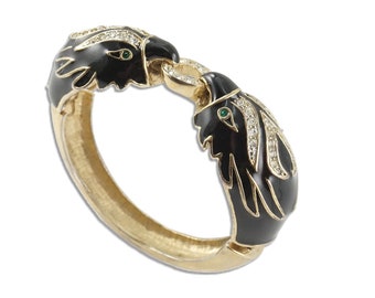 Parrot Pair Bangle Bracelet with Rhinestones, Black Parrot, Bird Lover Jewelry, Vintage Costume Jewelry, Exotic