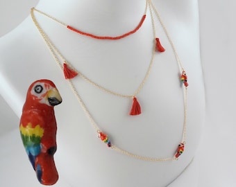 Nach of France Macaw Parrot Necklace, Layered Style, 3- Strands, Hand Painted Porcelain, Tassels, Parrot Lover Gift
