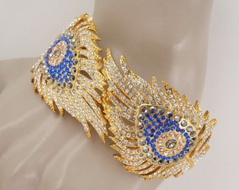 Vintage Peacock Feather Clamper Cuff Bracelet with Crystals, Statement Bracelet, Elegant, Glamourous