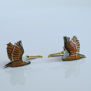 Sterling Cloisonne Brown Pelican Earrings, Enamel Bird Studs, Beach Theme Jewelry