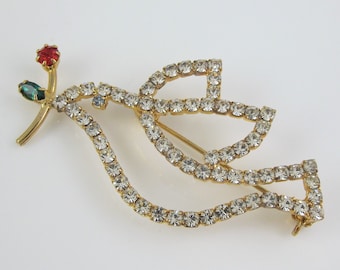 Rhinestone Dove with Rose Pin, Bird Silhouette, Bird of Peace, Christmas Jewelry, Holiday Colors, Hanukkah Gift