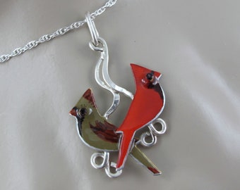 Sterling and Brass Male and Female Cardinal Duo Necklace, Backyard Birds, Songbird Lover, Mother&#39;s Day, Birdwatcher Gift, Handmade