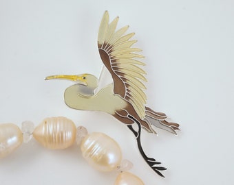 Flying Egret Brooch, Silver Plate and Cloisonne Enamel, Heron Lover, Bird Jewelry