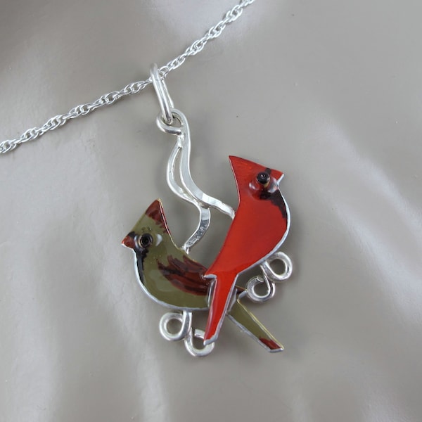 Sterling and Brass Male and Female Cardinal Duo Necklace, Backyard Birds, Songbird Lover, Mother's Day, Birdwatcher Gift, Handmade