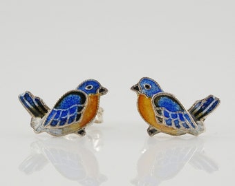 Vintage Zarah Sterling Bluebird Post Earrings, Cloisonne Enamel, Bird Jewelry, Birdwatcher Gift, Something Blue