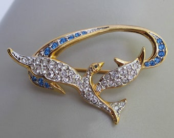 Genuine Swarovski Dove in Flight Pin, Blue and Clear Rhinestones, Bird Jewelry, Animal Brooch, Hanukkah, Mother's Day, Christmas Jewelry