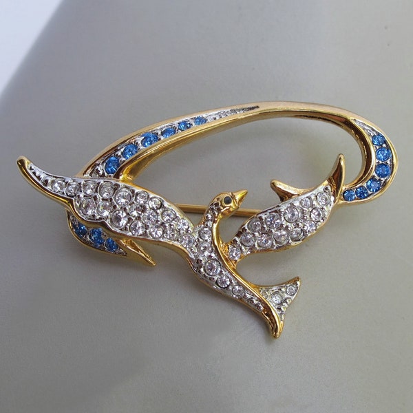 Genuine Swarovski Dove in Flight Pin, Blue and Clear Rhinestones, Bird Jewelry, Animal Brooch, Hanukkah, Mother's Day, Christmas Jewelry