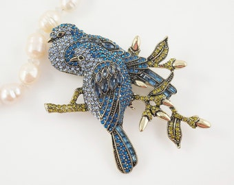 Heidi Daus Bluebird Pair Brooch, Two Birds, Bird Pin, Bird of Happiness, Songbird Pin, Designer Jewelry