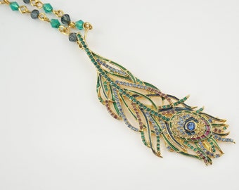 MMA Peacock Feather Necklace with Austrian Crystals, Museum Jewelry, Birdwatcher Gift, Peacock Lover Gift