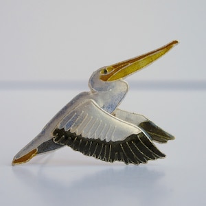 Cloisonne and Sterling White Pelican Pin, Beach Bird, Seashore Jewelry, Animal Jewelry, Silver Pelican Brooch