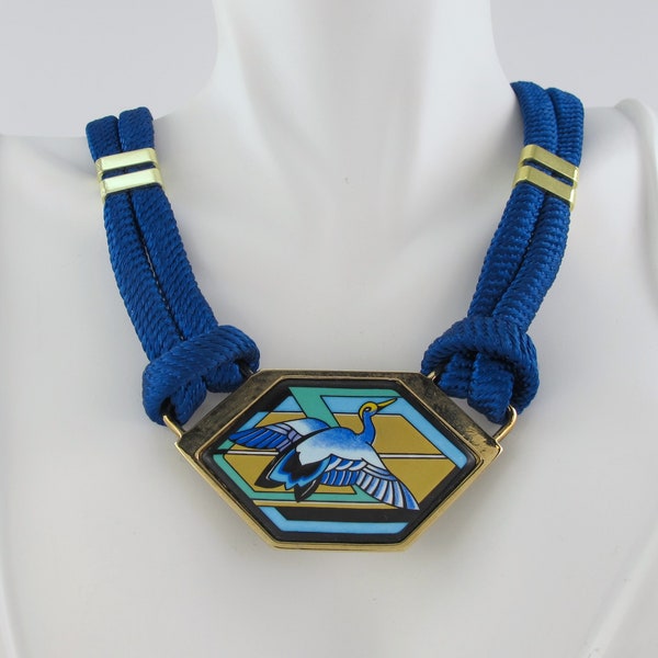 Michaela Frey Heron Crane Necklace, Silk Cord, Art Deco Style,  Gold Plated, Made in Austria, Bird Jewelry