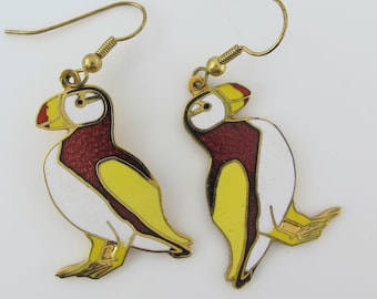 Vintage Cloisonne Puffin Dangle Earrings, Made by SITI, Atlantic Puffin, Auk, Bird Jewelry, Puffin Lover