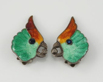 Sterling and Enamel Art Deco Cockatoo Clip-On Earrings, Antique Parrot Jewelry, Vintage Bird, AS IS