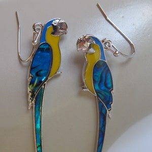 Abalone Shell Parrot Earrings, Blue and Gold Macaw, Exotic Bird Jewelry, Long Dangle Earrings, Parrot Gift