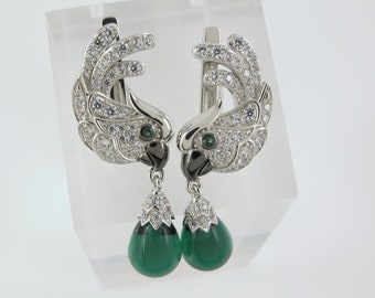 Elegant Sterling and CZ Parrot Drop Earrings, Green and Silver, Christmas Jewelry, Holiday Party, Parrot Lover Gift